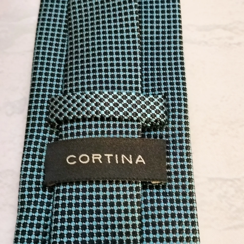 Men's Cortina Imported Silk Necktie Tie Black Blue Circle Geometric Handmade..T